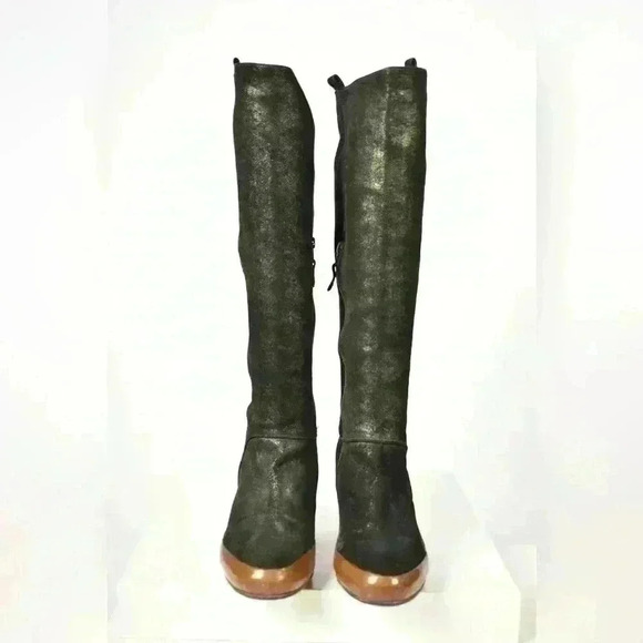 DRIES VAN NOTEN Emerald Green Distressed Metallic Leather Mid Calf Boots 9US - Picture 2 of 9
